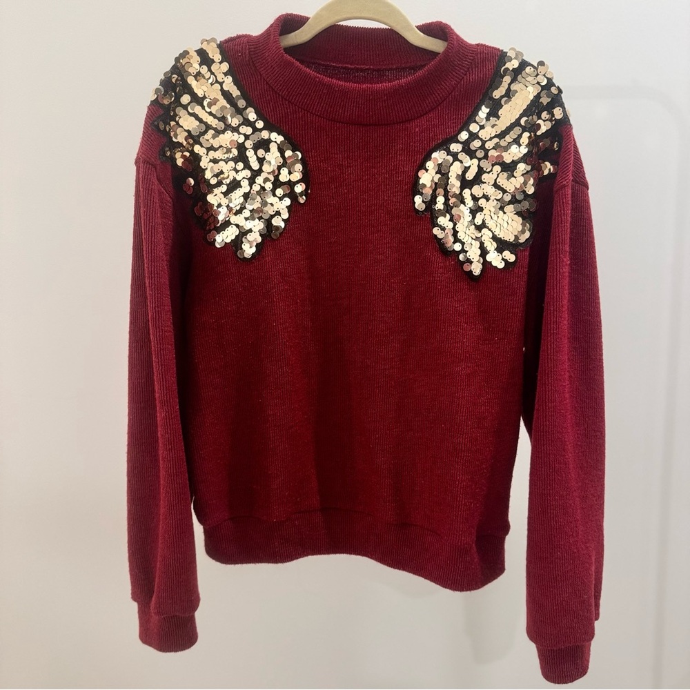 Mock Neck Deep Red Sweater with Sequin Wing Design
